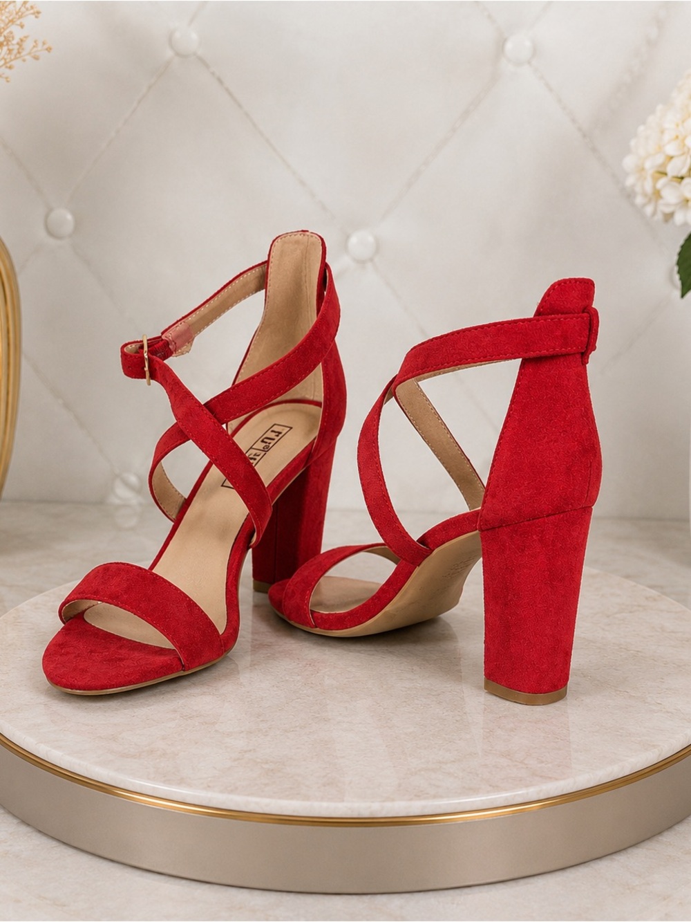 Red Suede Crisscross Block Heel Sandals - Women